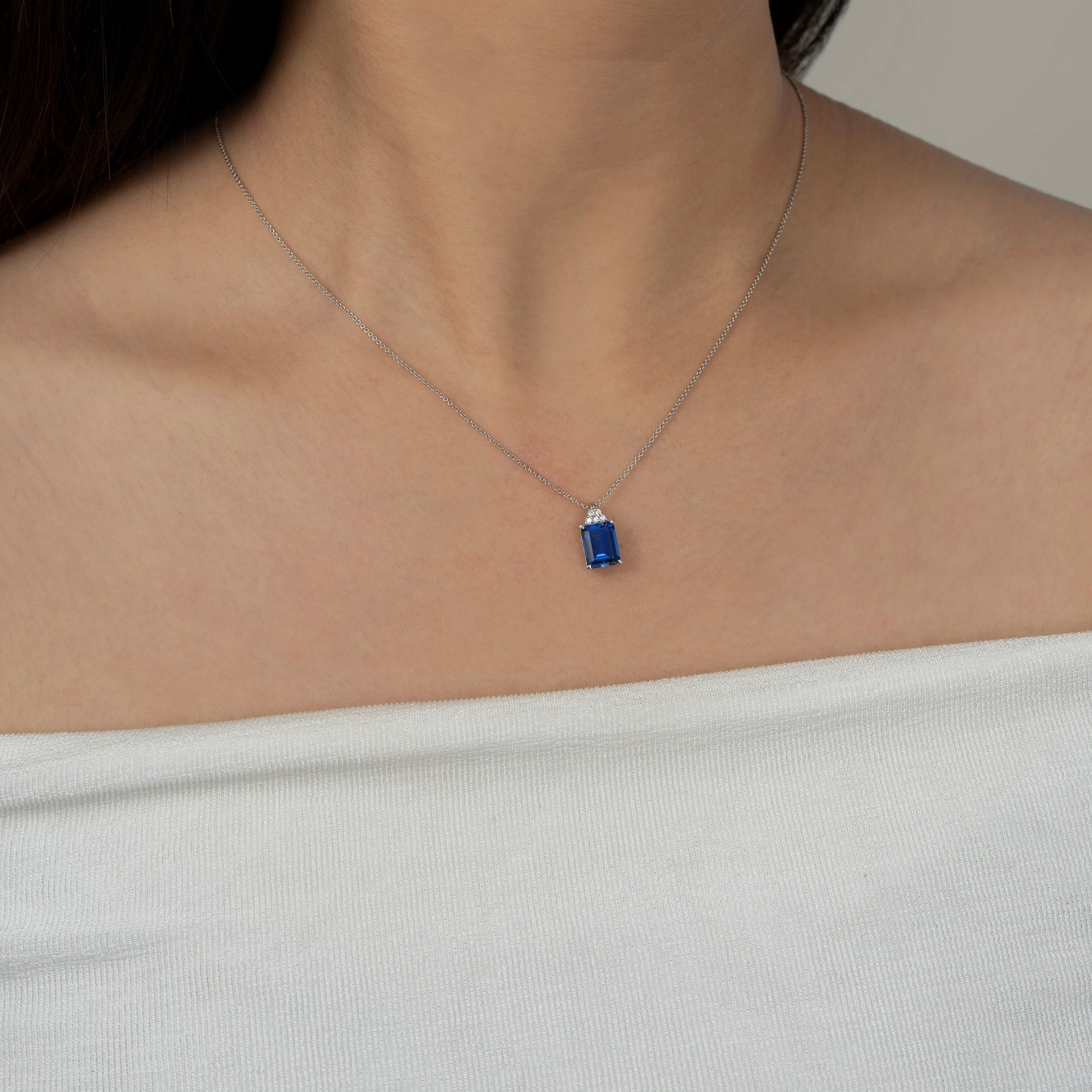 Emerald Cut Sapphire With Lab Grown Diamond Octagon Pendant Necklace