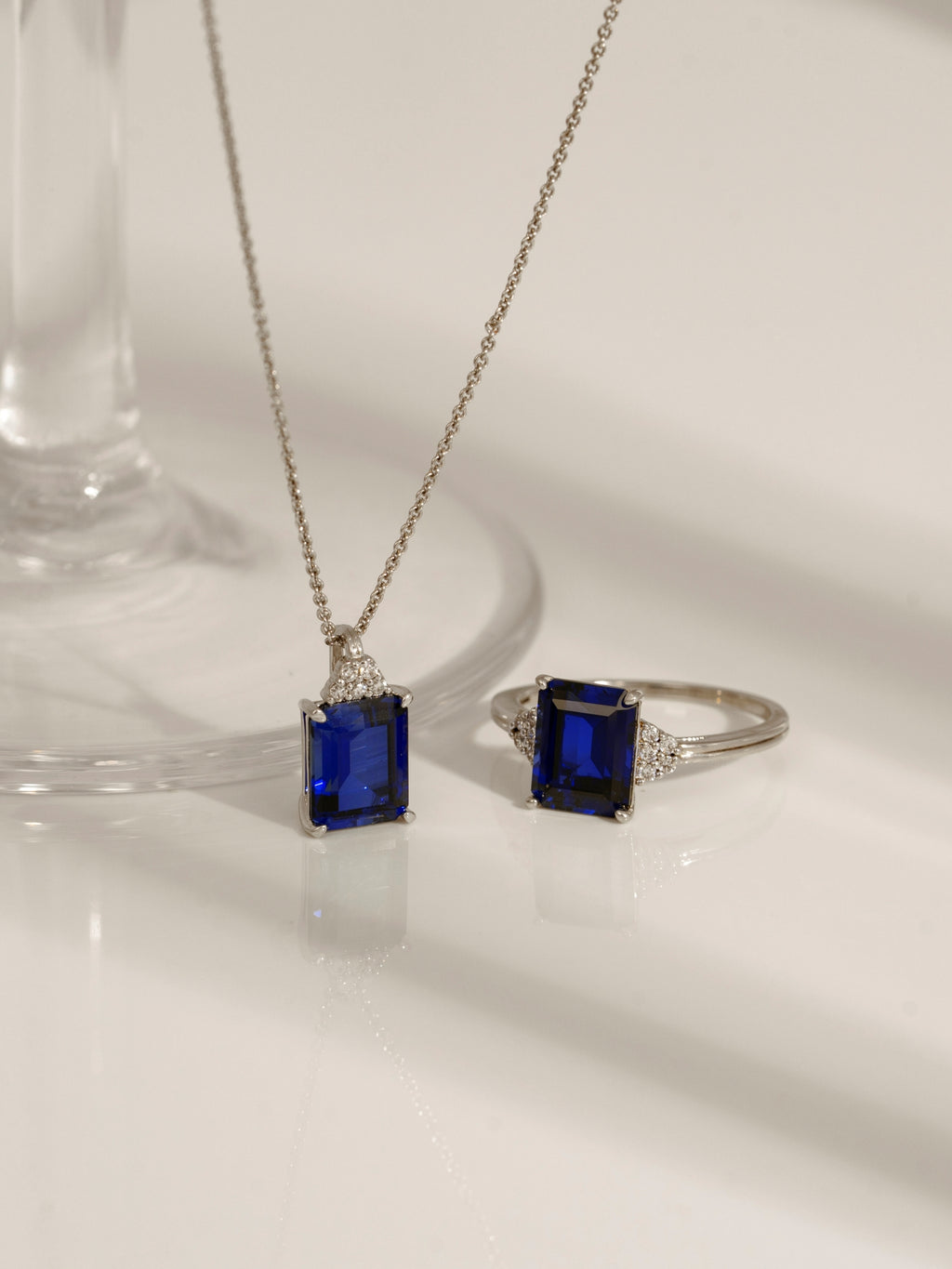 Emerald Cut Created Sapphire With Lab Grown Diamond Accent Octagon Pendant Necklace
