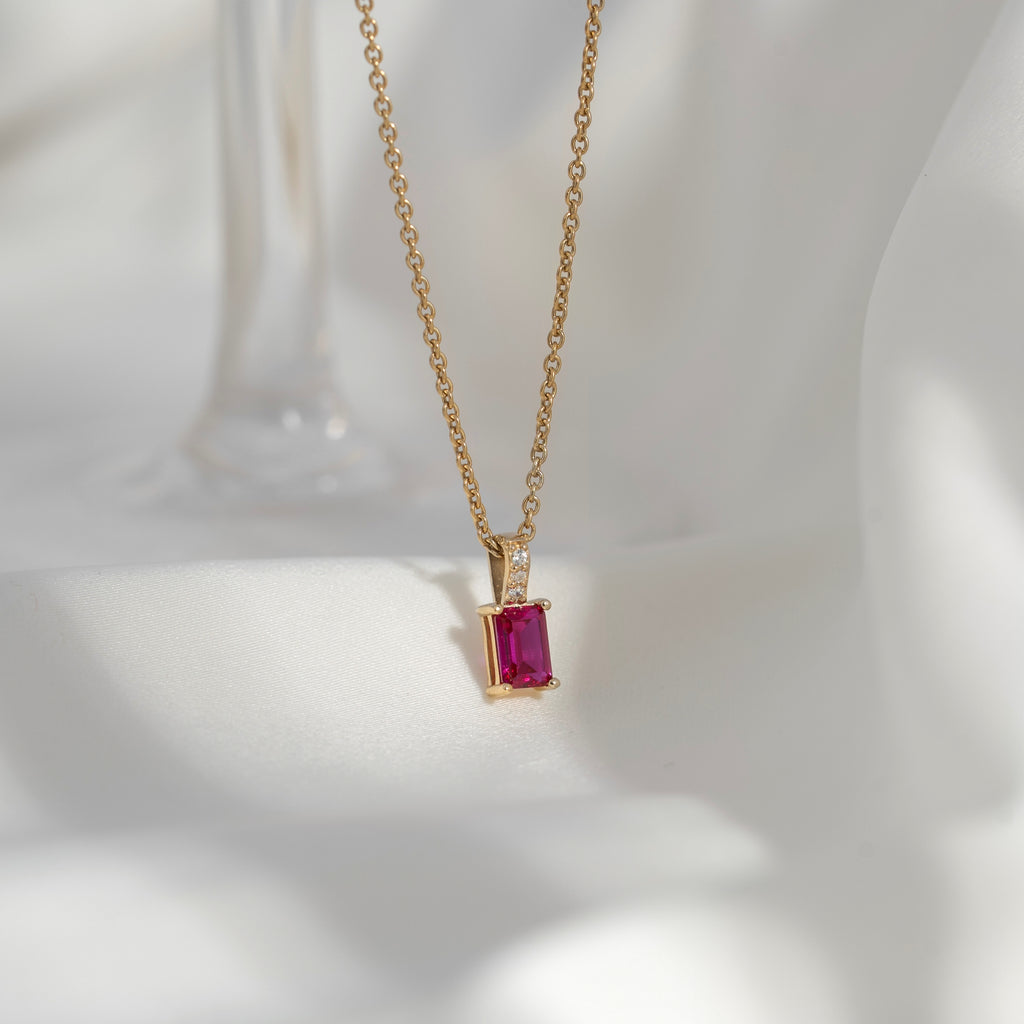 Emerald Cut Ruby With Lab Grown Diamond Vertical Bar Pendant Necklace