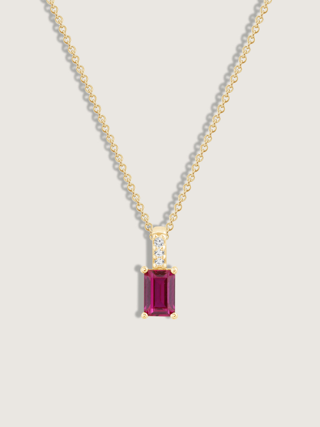 Emerald Cut Created Ruby With Lab Grown Diamond Accent Vertical Bar Pendant Necklace