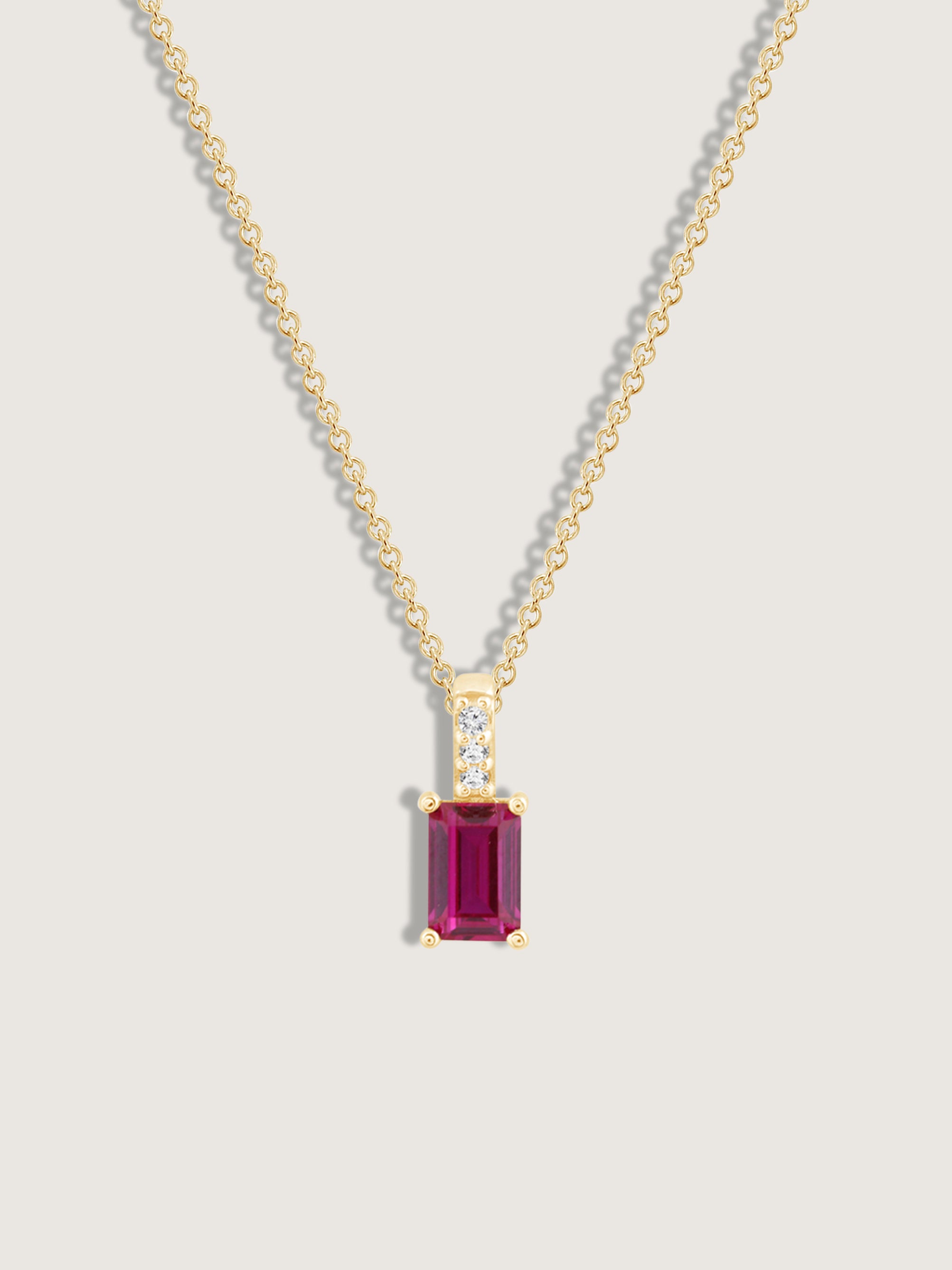 Emerald Cut Created Ruby With Lab Grown Diamond Accent Vertical Bar Pendant Necklace