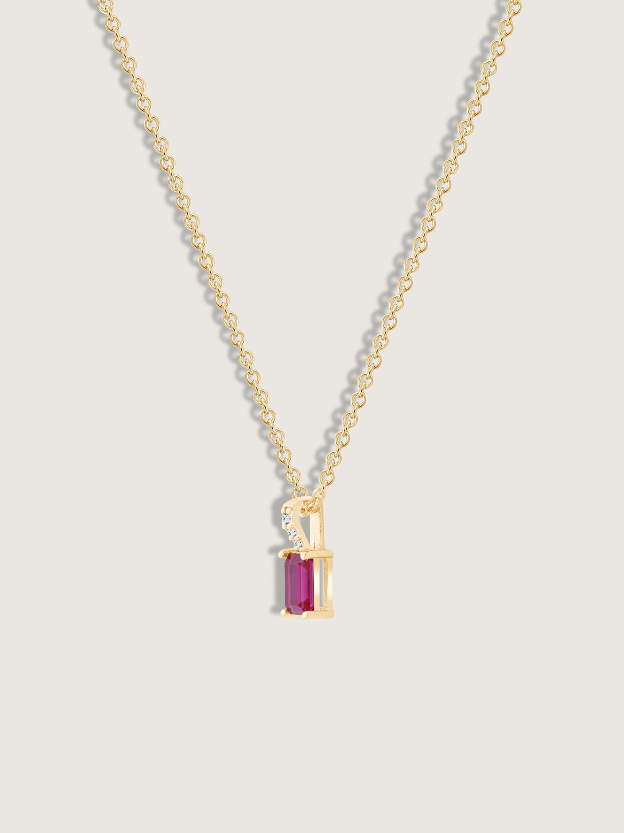 Emerald Cut Created Ruby With Lab Grown Diamond Accent Vertical Bar Pendant Necklace