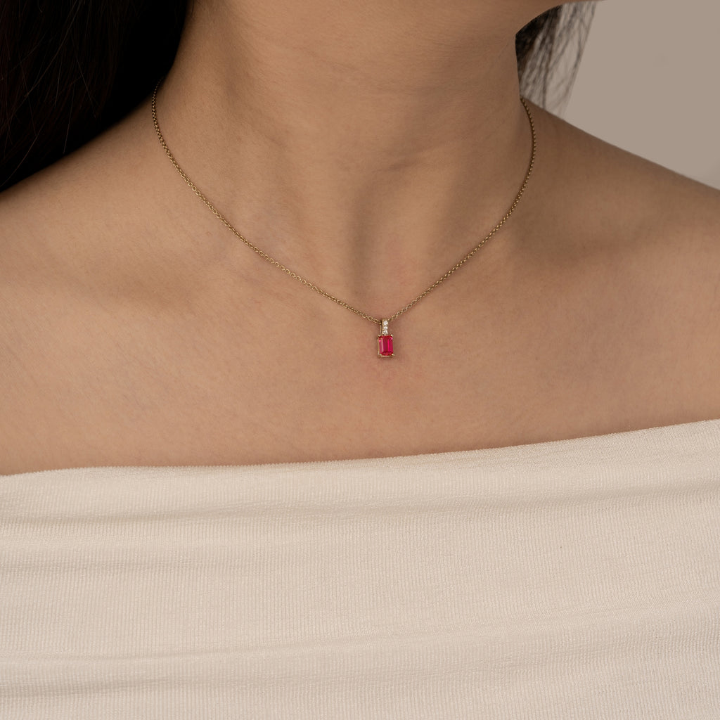 Emerald Cut Ruby With Lab Grown Diamond Vertical Bar Pendant Necklace