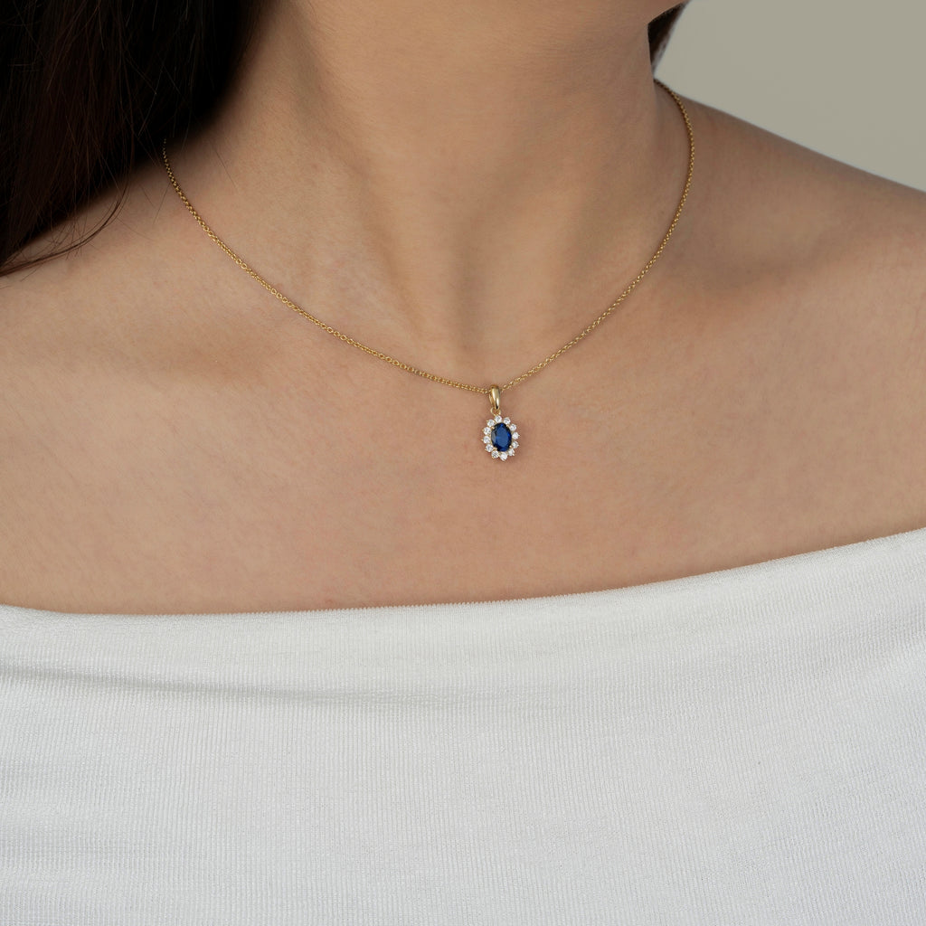 Sapphire Oval With Lab Grown Diamond Accent Halo Pendant Necklace
