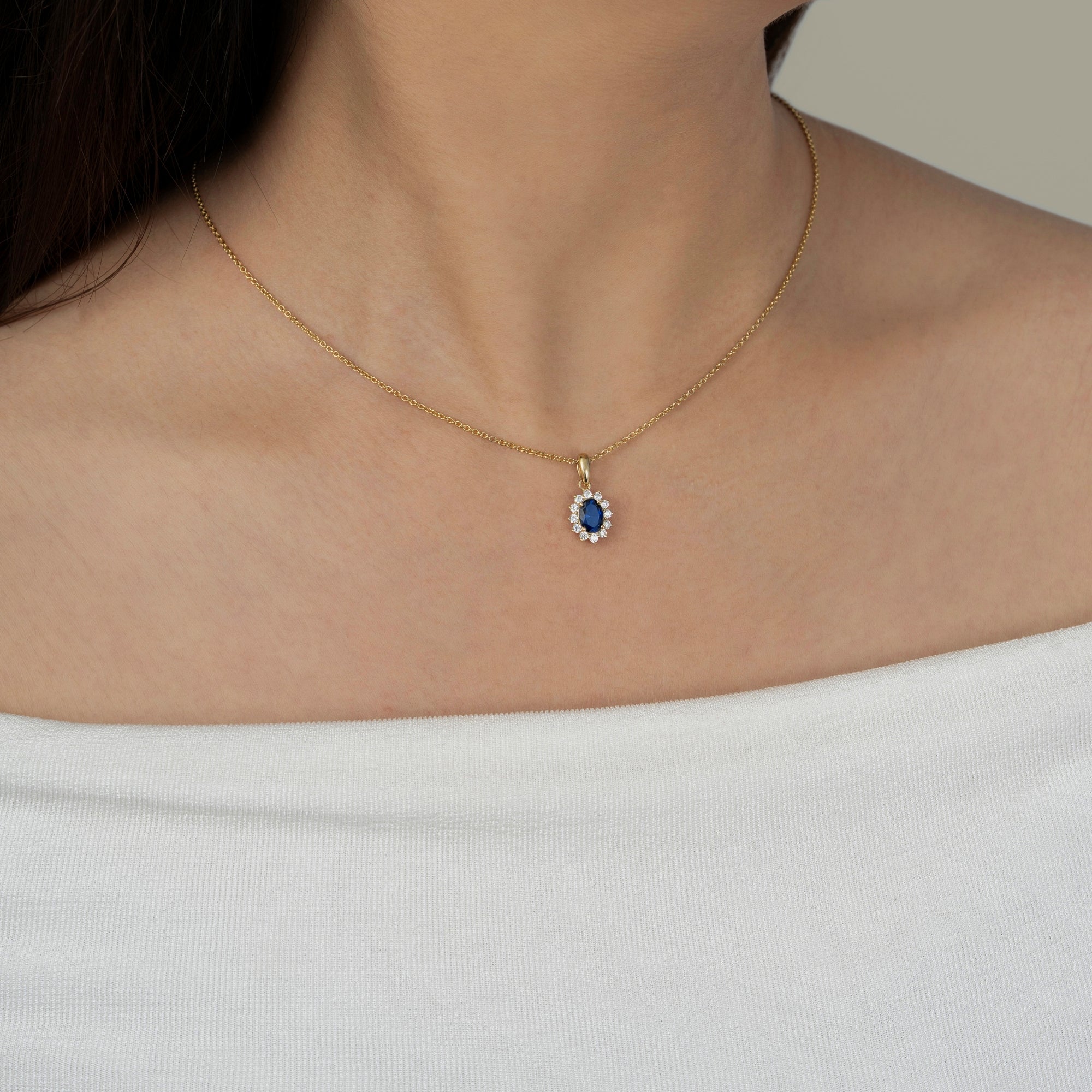 Sapphire Oval With Lab Grown Diamond Accent Halo Pendant Necklace