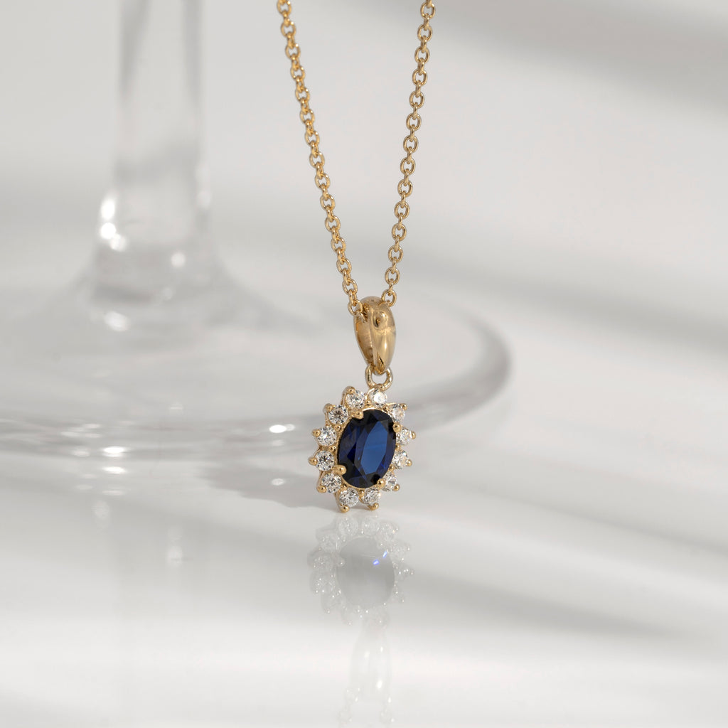 Sapphire Oval With Lab Grown Diamond Accent Halo Pendant Necklace