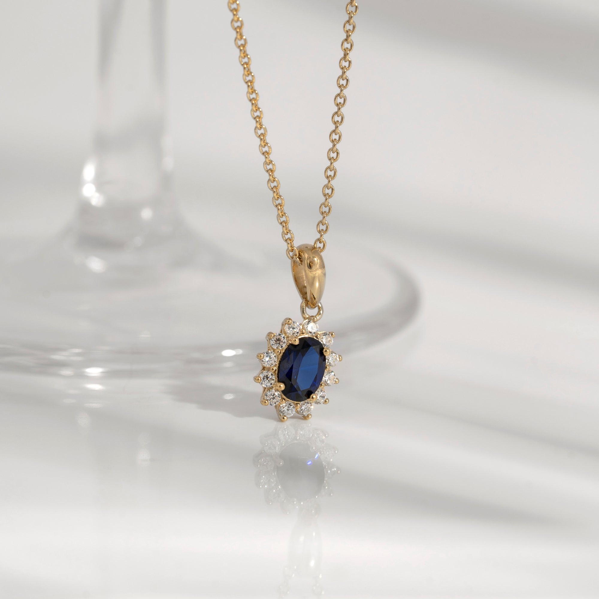 Sapphire Oval With Lab Grown Diamond Accent Halo Pendant Necklace