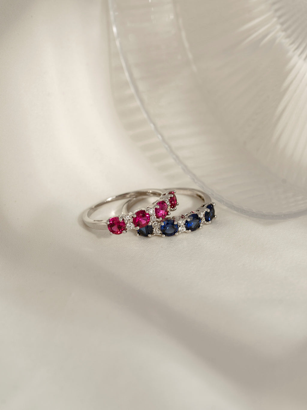 4mm Round Cut Created Sapphire With Lab Grown Diamond Accent Half Band Ring