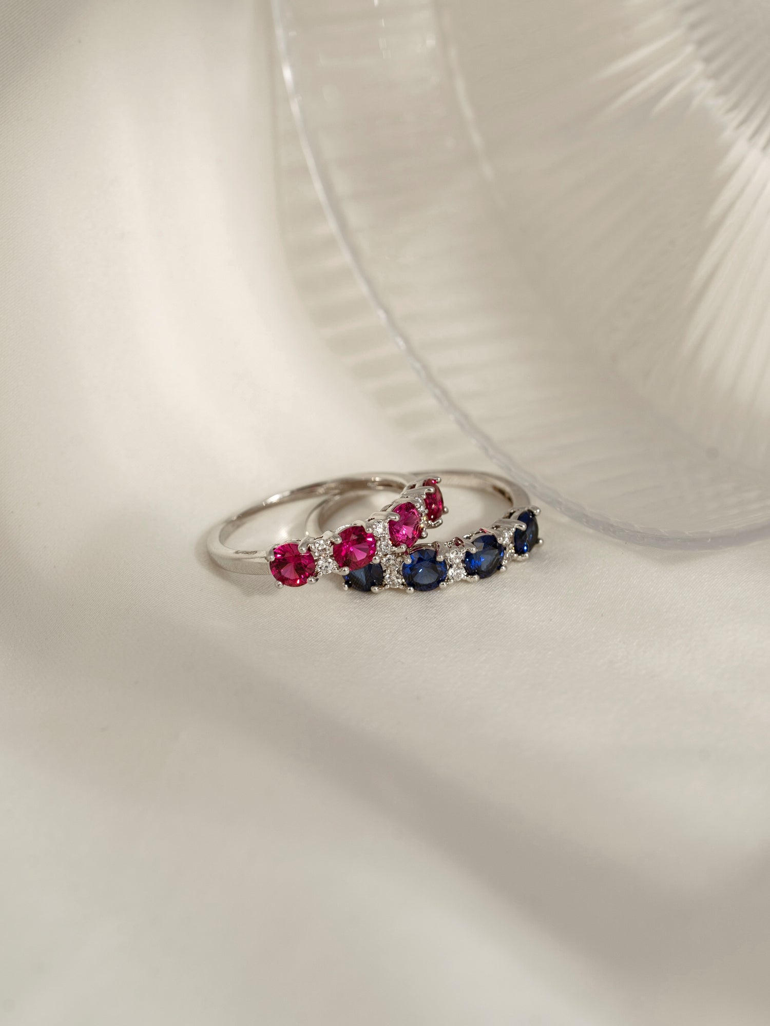 4mm Round Cut Created Sapphire With Lab Grown Diamond Accent Half Band Ring