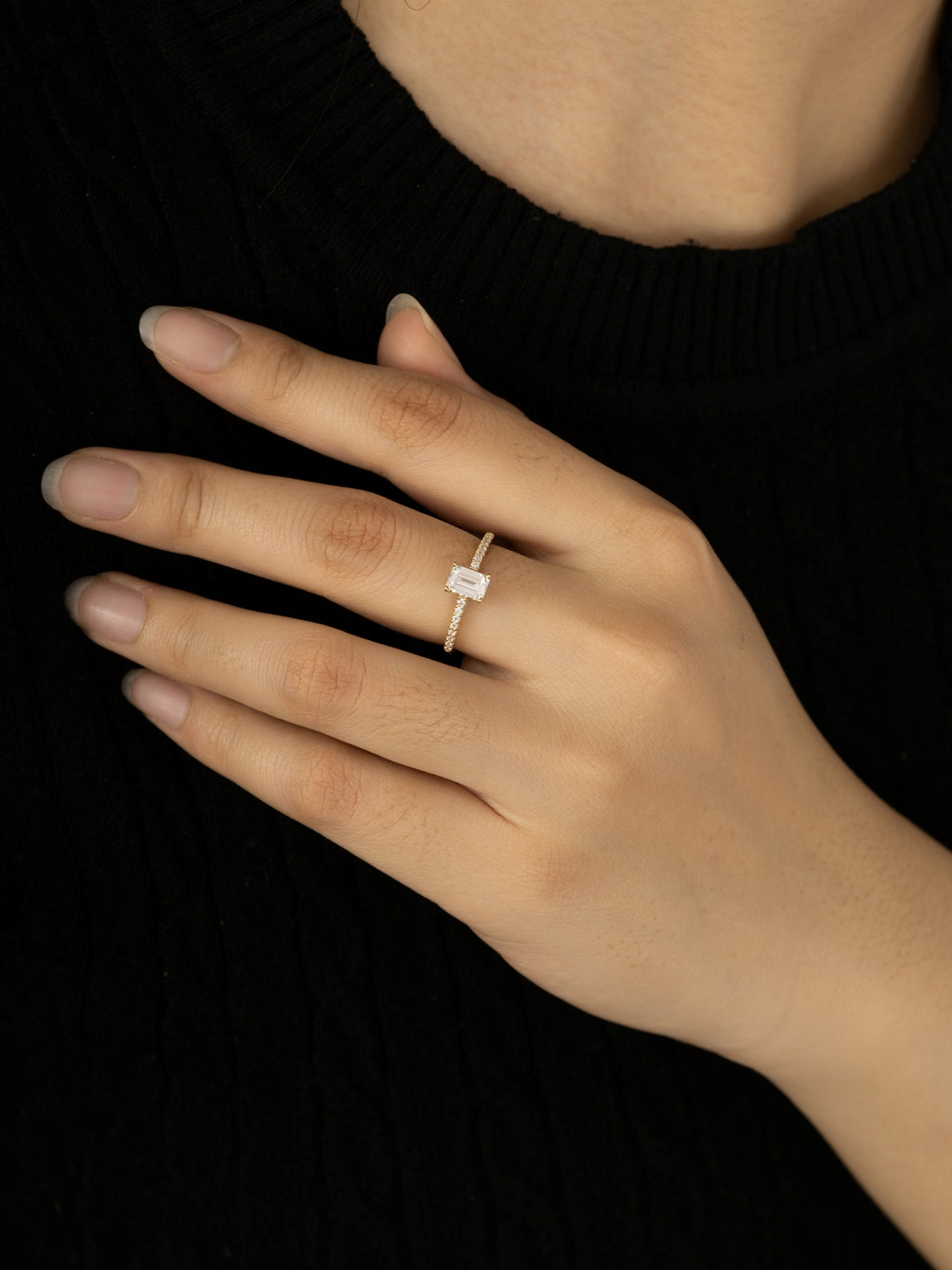 Lab Grown Diamond 0.4ct Emerald Cut Solitaire Ring with Pave Band