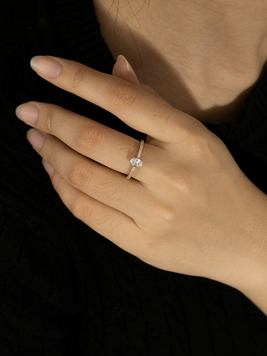 Lab Grown Diamond 0.66ct Oval Cut Solitaire Ring with Pave Band