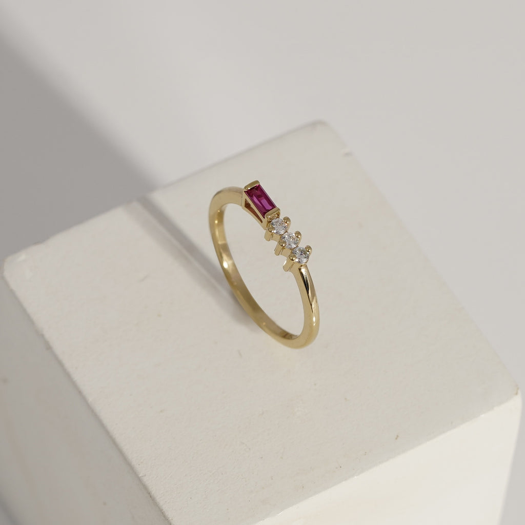 Ruby Baguette With Round Lab Grown Diamond Bar Ring