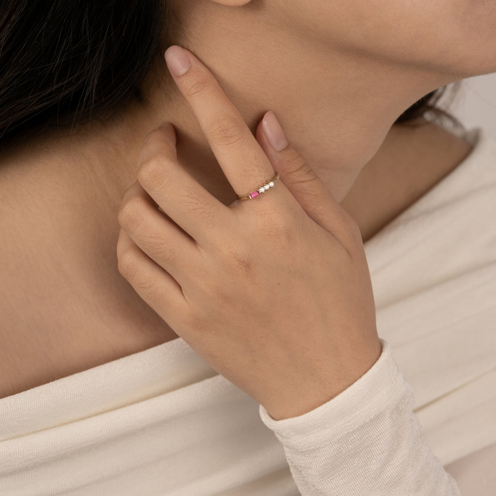 Ruby Baguette With Round Lab Grown Diamond Bar Ring