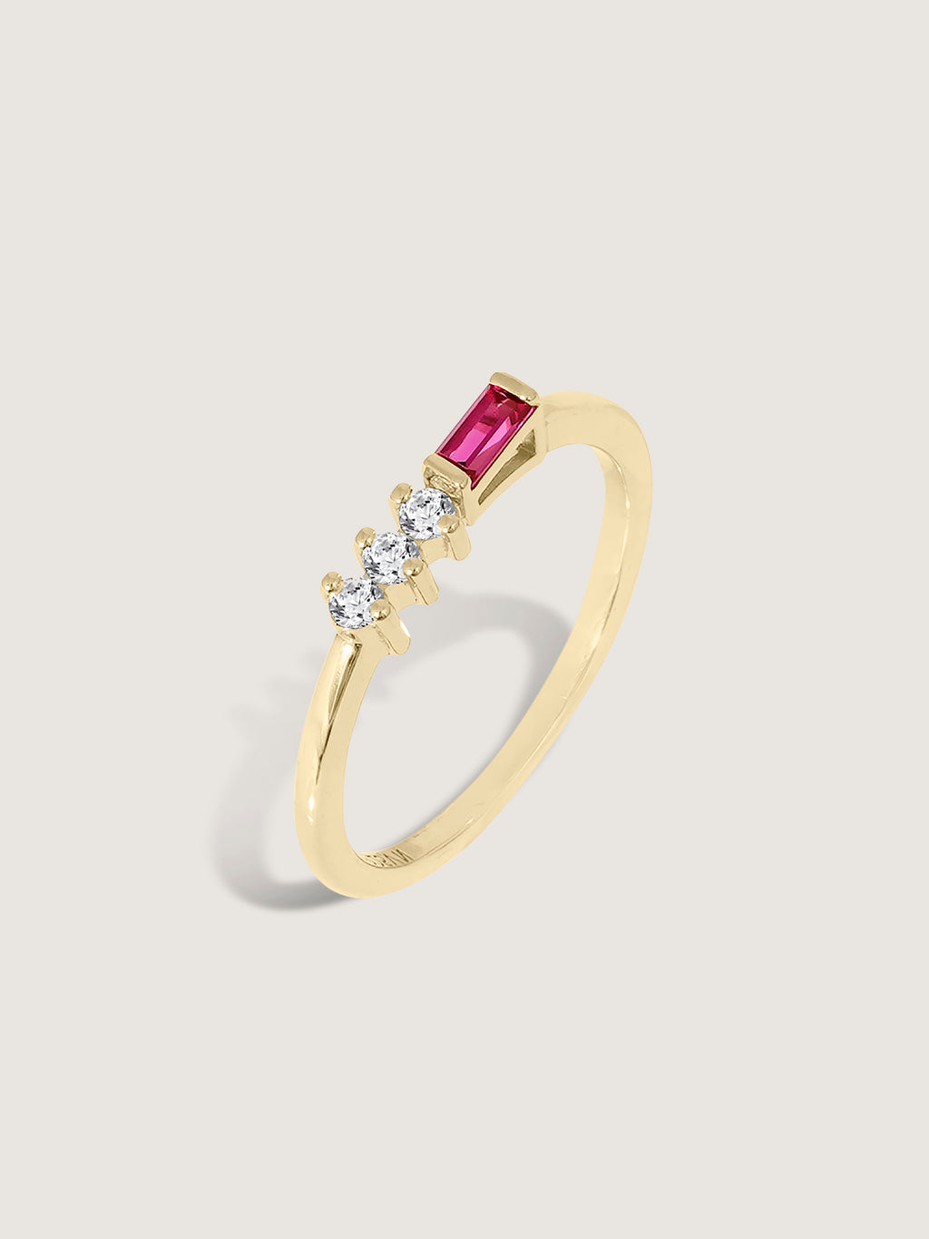 Baguette Cut Created Ruby With Round Lab Grown Diamond Accent Bar Ring