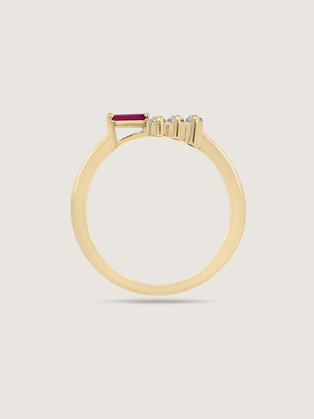 Baguette Cut Created Ruby With Round Lab Grown Diamond Accent Bar Ring