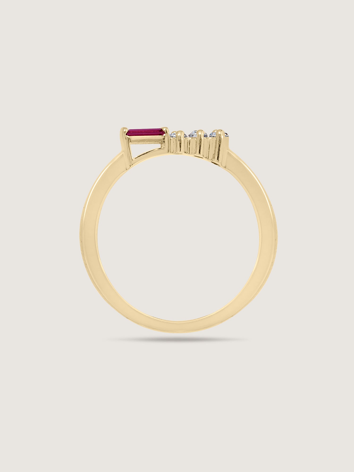 Baguette Cut Created Ruby With Round Lab Grown Diamond Accent Bar Ring