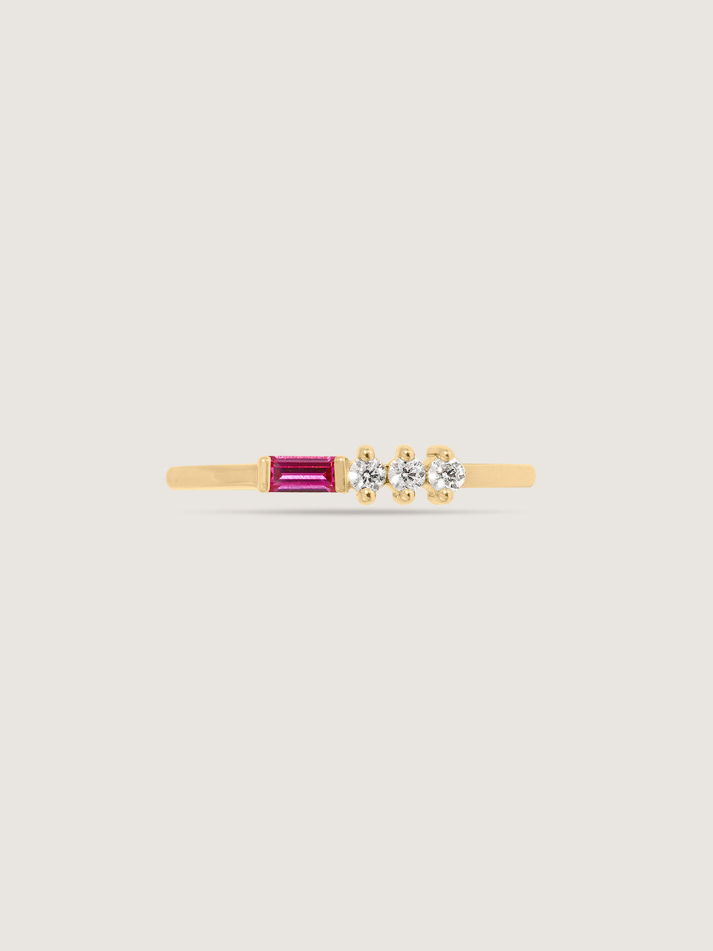 Baguette Cut Created Ruby With Round Lab Grown Diamond Accent Bar Ring
