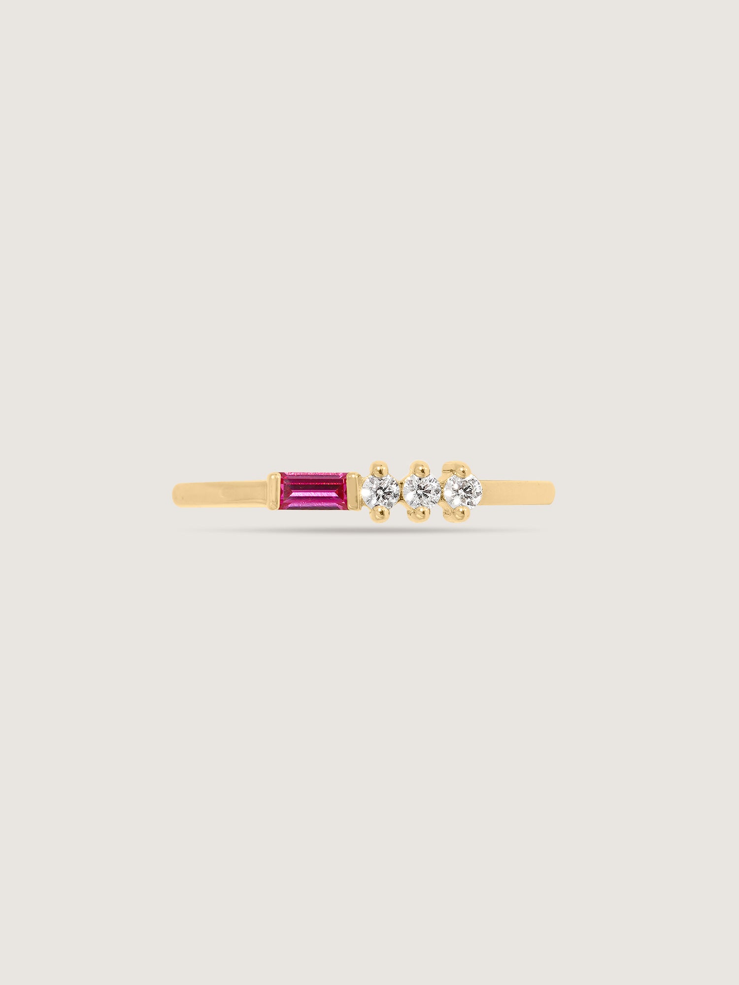 Baguette Cut Created Ruby With Round Lab Grown Diamond Accent Bar Ring