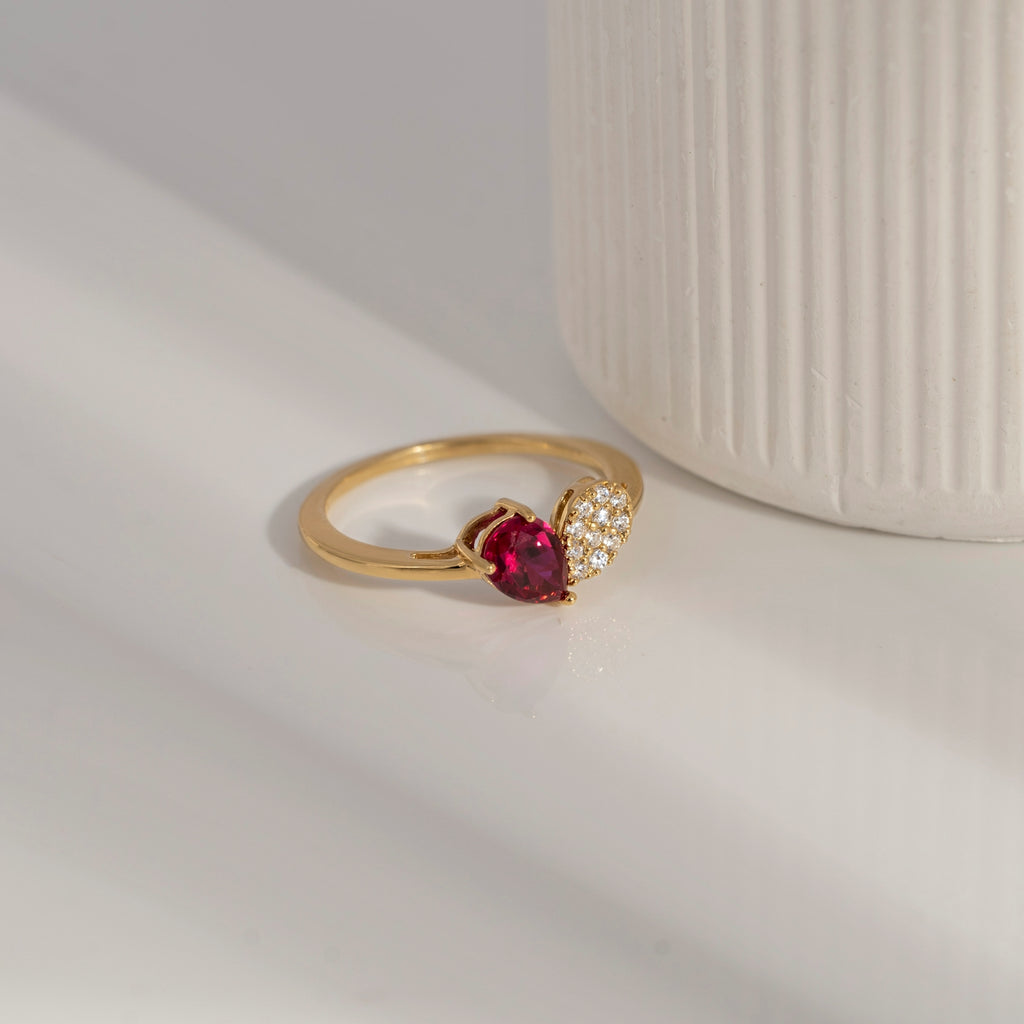 Ruby Pear With Lab Grown Diamond Accent Heart Saphed Ring