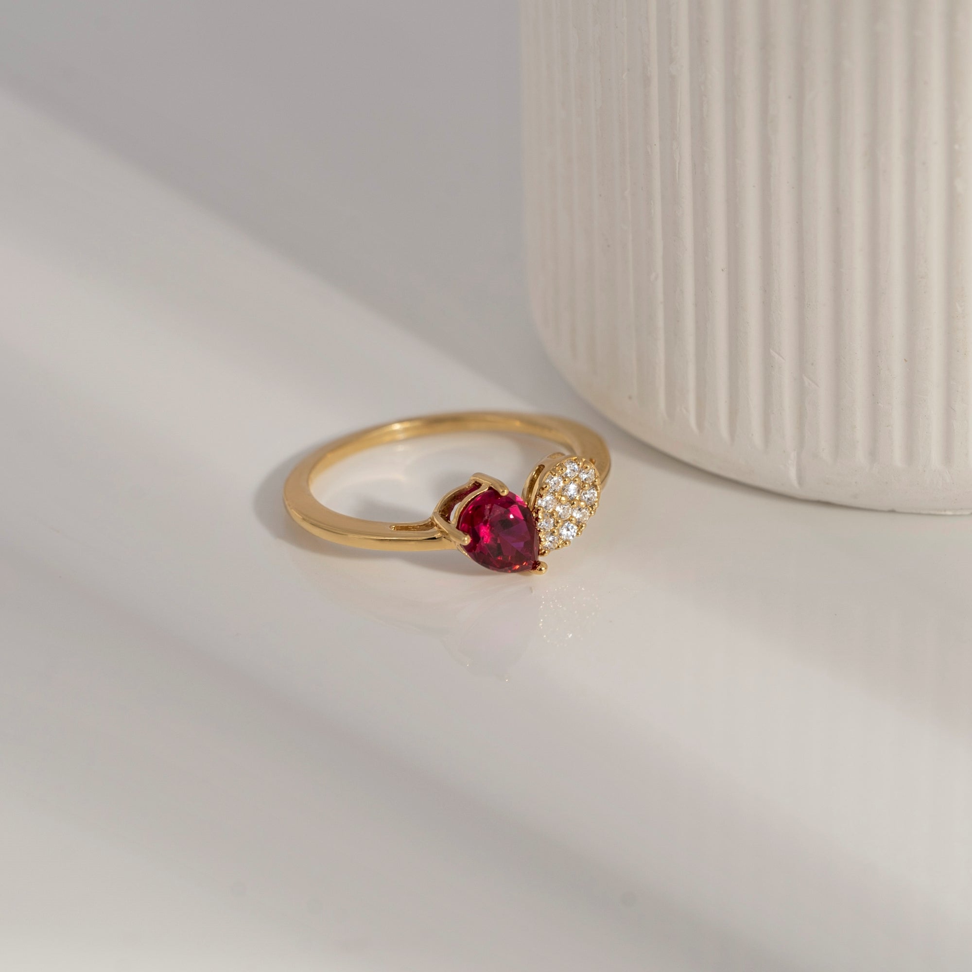 Ruby Pear With Lab Grown Diamond Accent Heart Saphed Ring