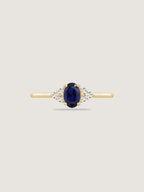 Oval Cut Created Sapphire With Trio Lab Grown Diamond On Shank Engagement Ring