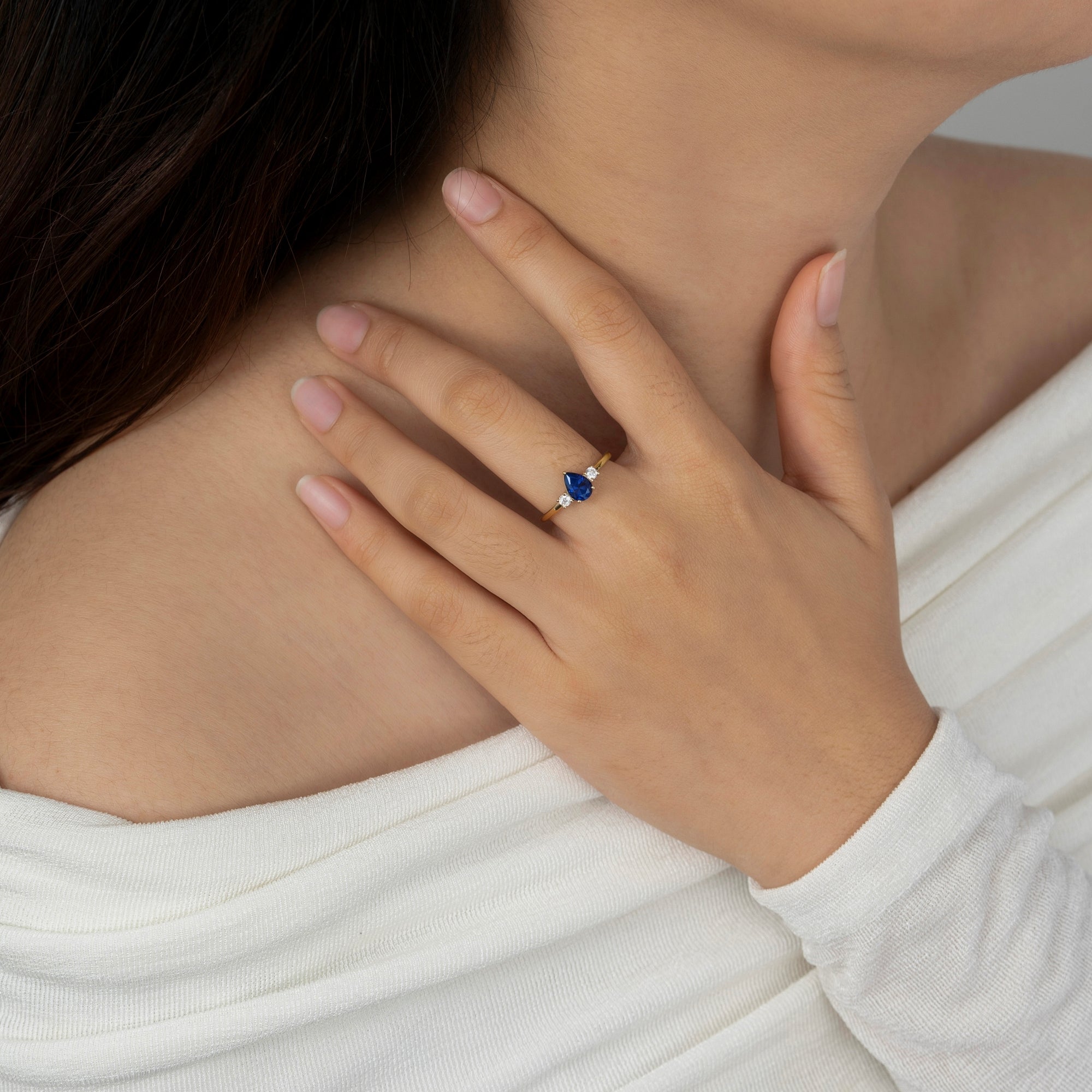 Pear Cut Sapphire With Lab Grown Diamond Three Stones Ring