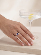 Oval Cut Created Sapphire And Lab Grown Diamond Three Stones Ring