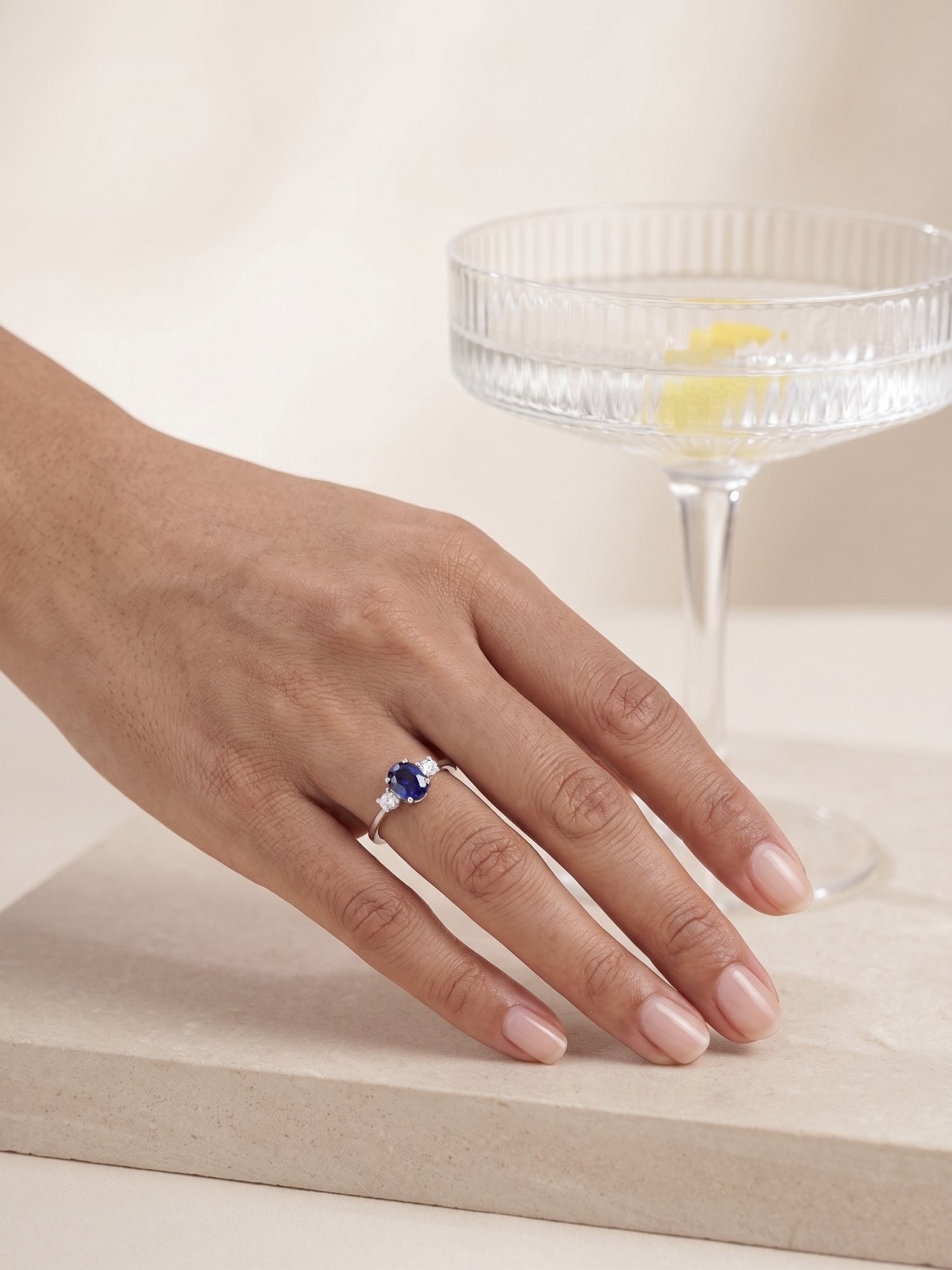 Oval Cut Created Sapphire And Lab Grown Diamond Three Stones Ring