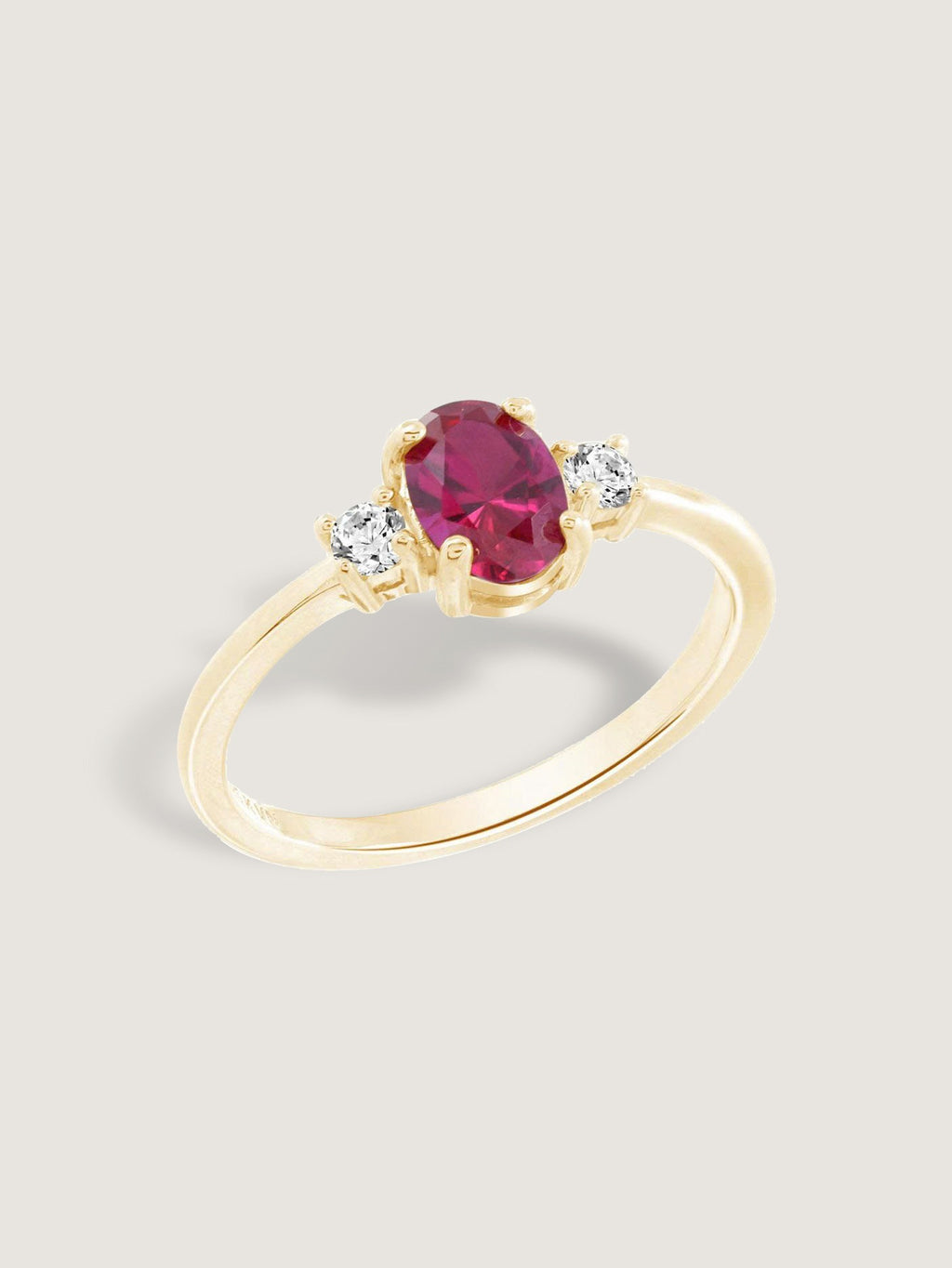 Oval Cut Created Ruby And Lab Grown Diamond Three Stones Ring