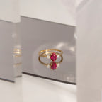 Oval Cut Created Ruby And Lab Grown Diamond Three Stones Ring
