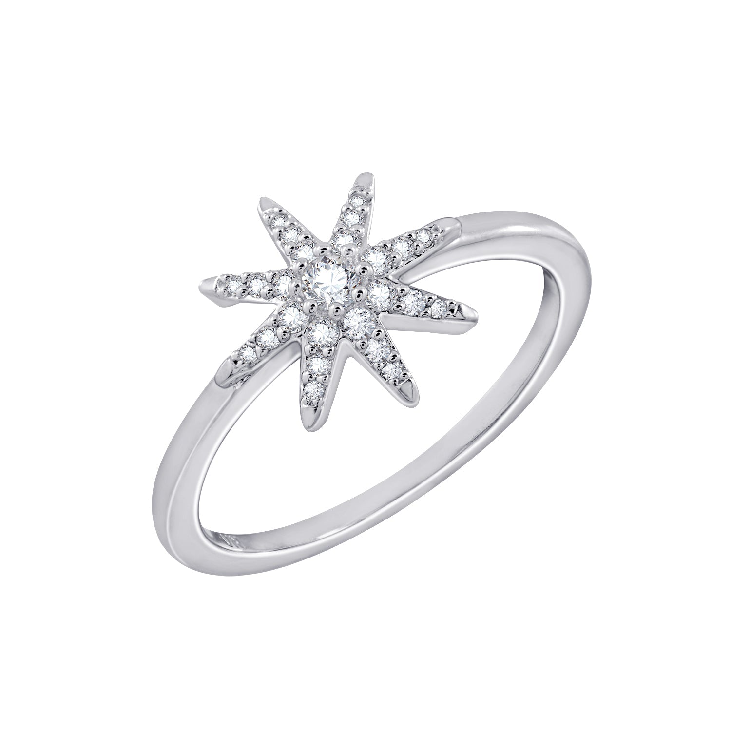 A Stunning Sterling Ring with a Starburst of Rhinestones against a Dark Blue Sky, popular Size 8